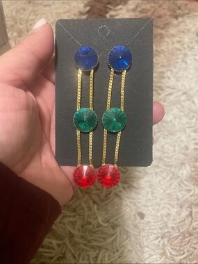 Gold-Chain Drop Earrings with Blue, Green and Red Acrylic Discs